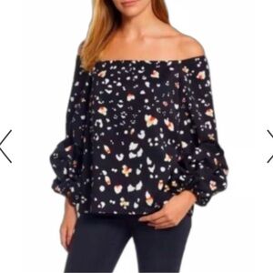 Halogen Black Animal Print Off The Shoulder Ruched  Balloon Sleeves Size Small